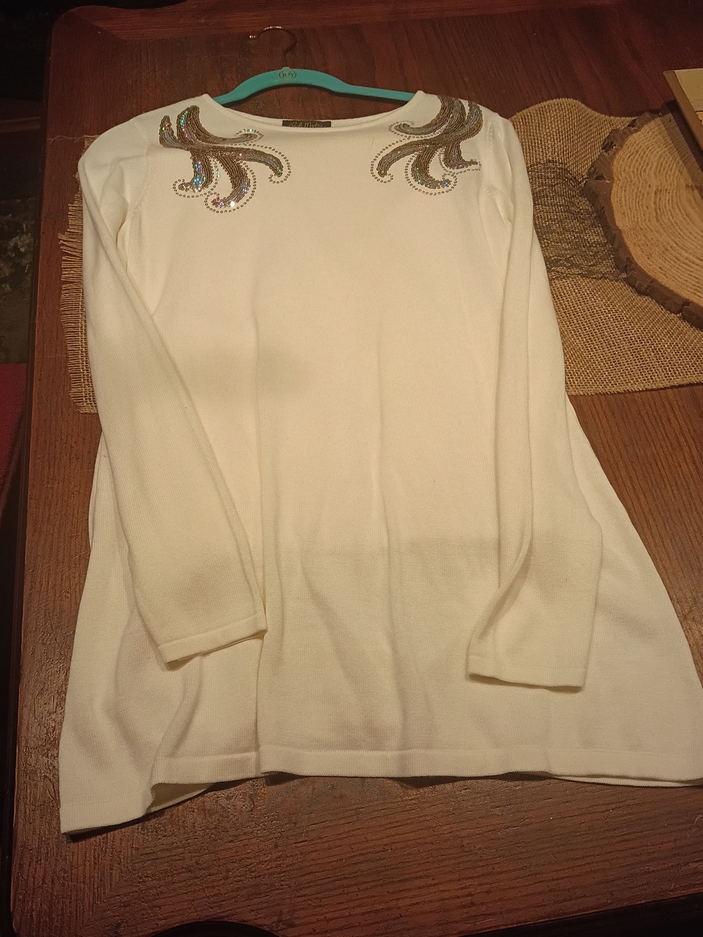 Bob Mackie White Long-Sleeve Boatneck Top With Appleseeds Petites Trousers